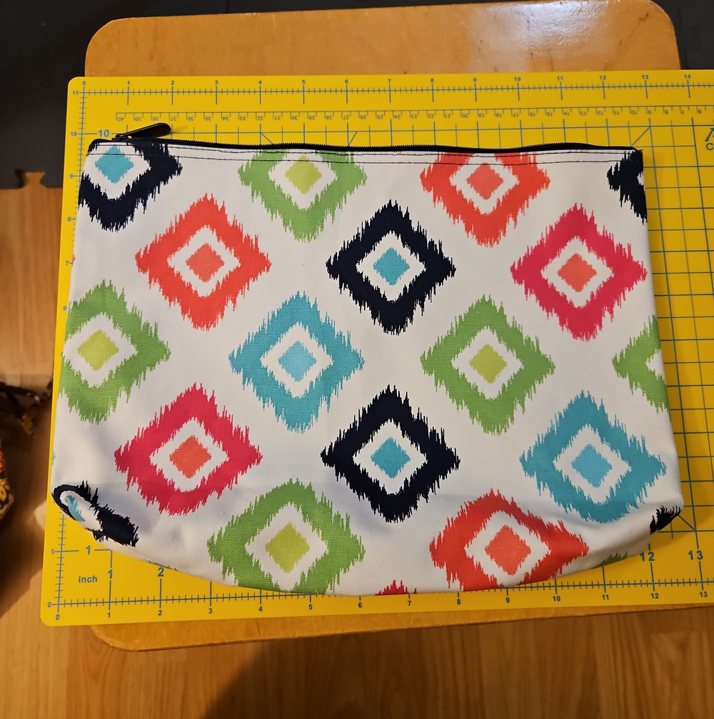 Multicolor Geometric Canvas Cosmetic Pouch - White.  Thirty One.  12"x9"